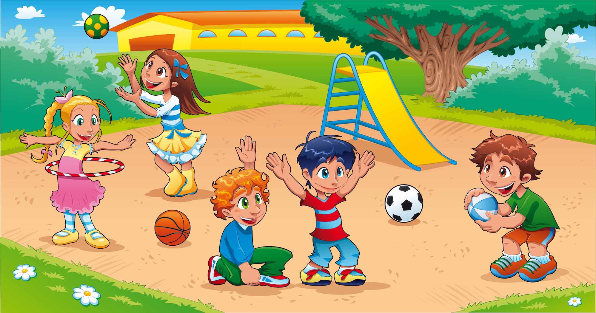 Children's book illustration of kids playing in playground